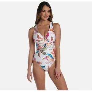 La Blanca One Piece Swimsuit Womens 10 White Hawaiian Floral Strappy Cross Back